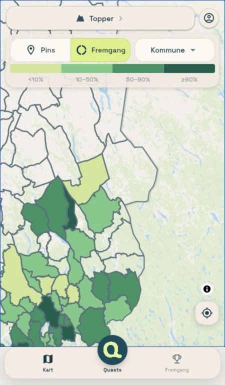 NordQuest viser fargekodet fremgang for fjelltopper per kommune