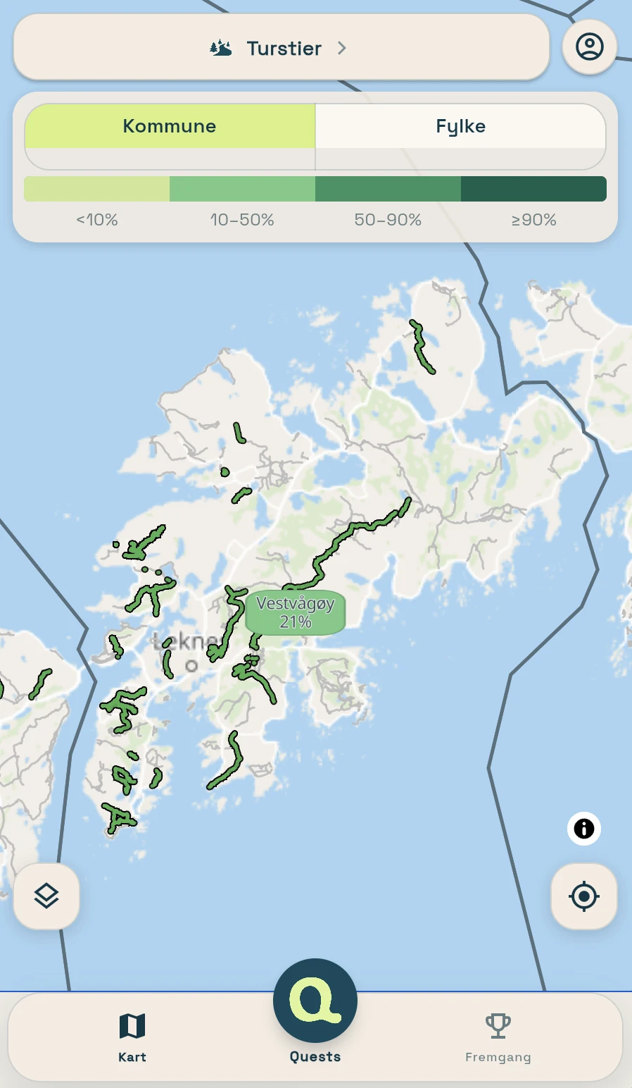 NordQuest viser matchede turstier i grønt over Vestvågøy i Lofoten