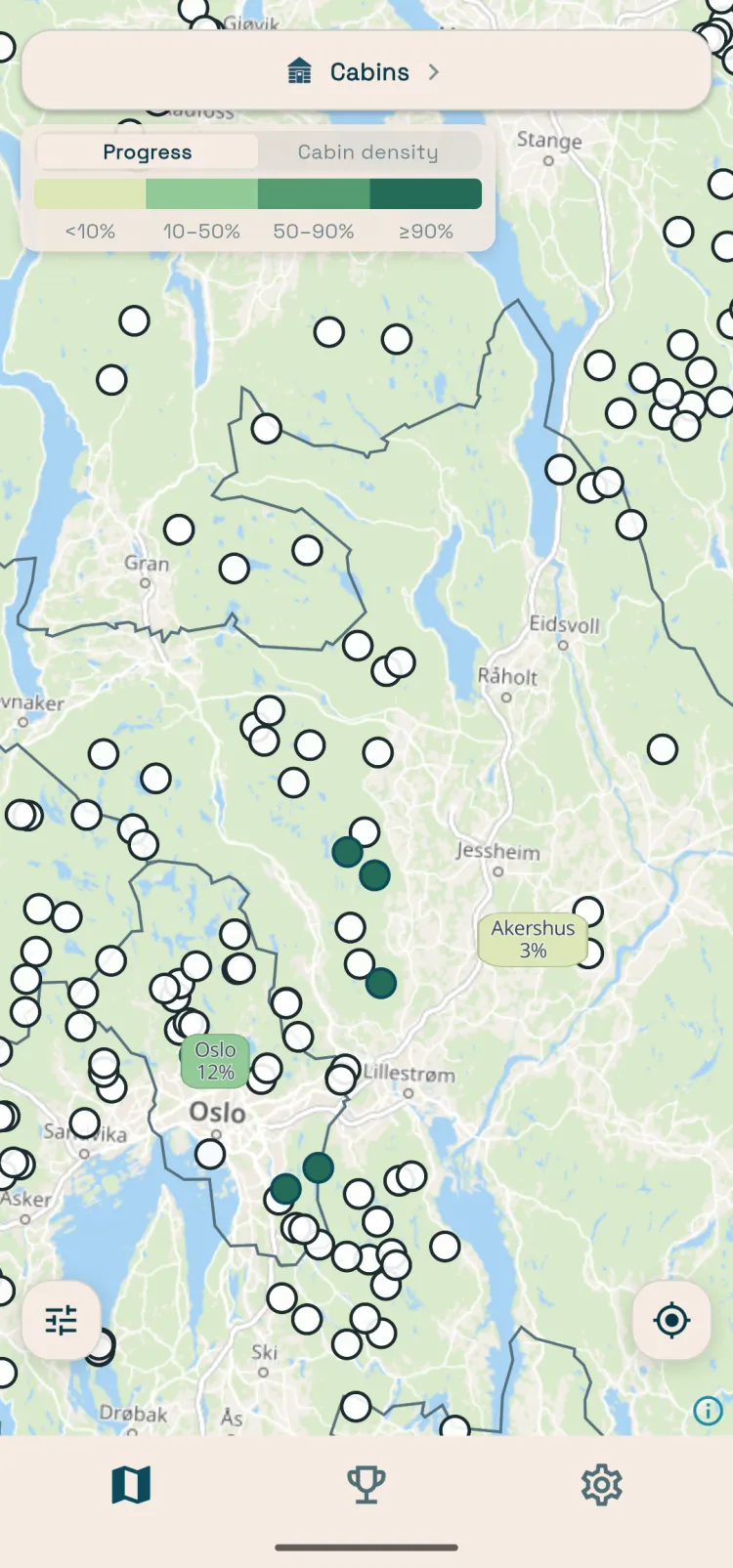 Kartet i Nordquest med besøkte og ubesøkte DNT-hytter rundt Oslo