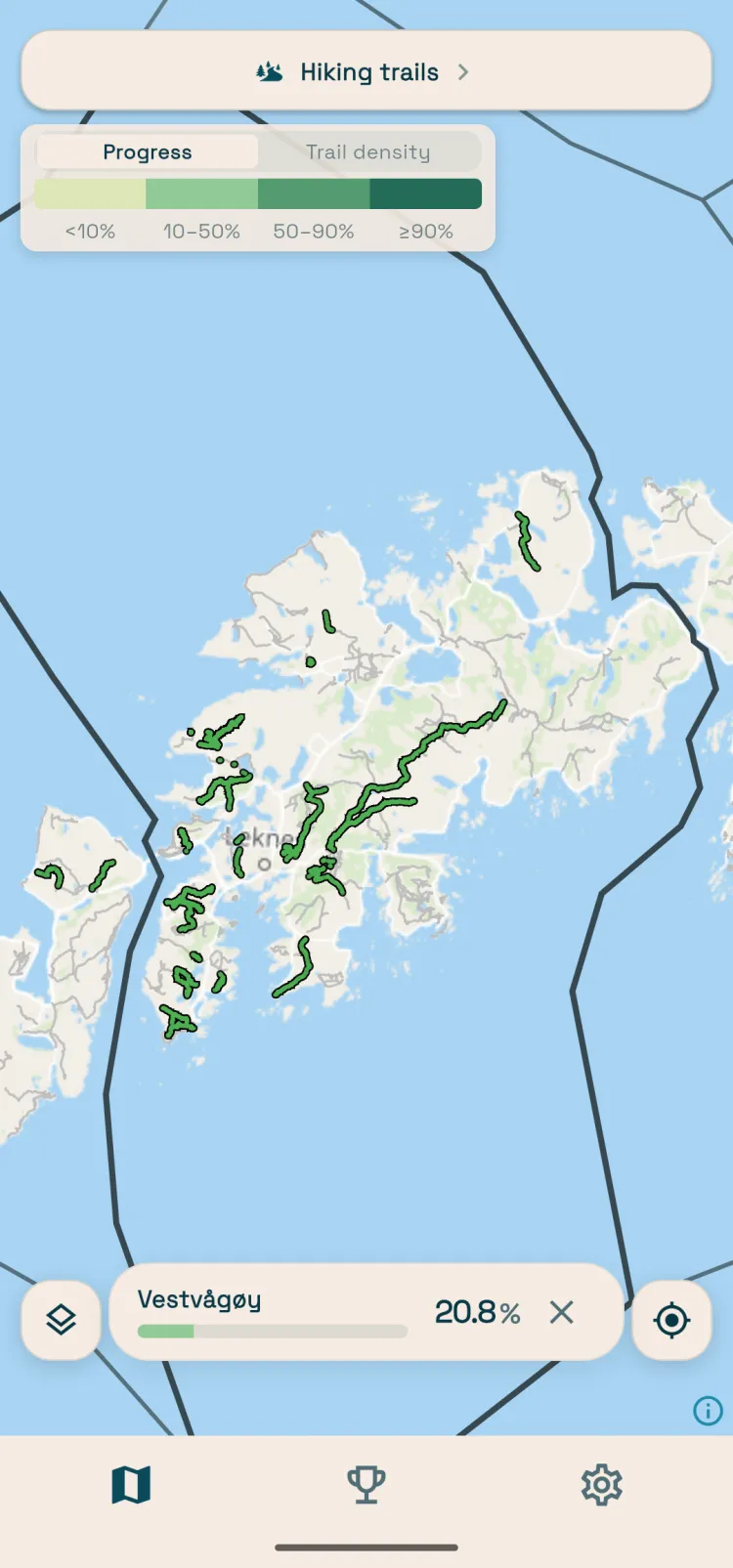 Kartet i Nordquest over Lofoten med fullførte stier og fremgang for Vestvågøy